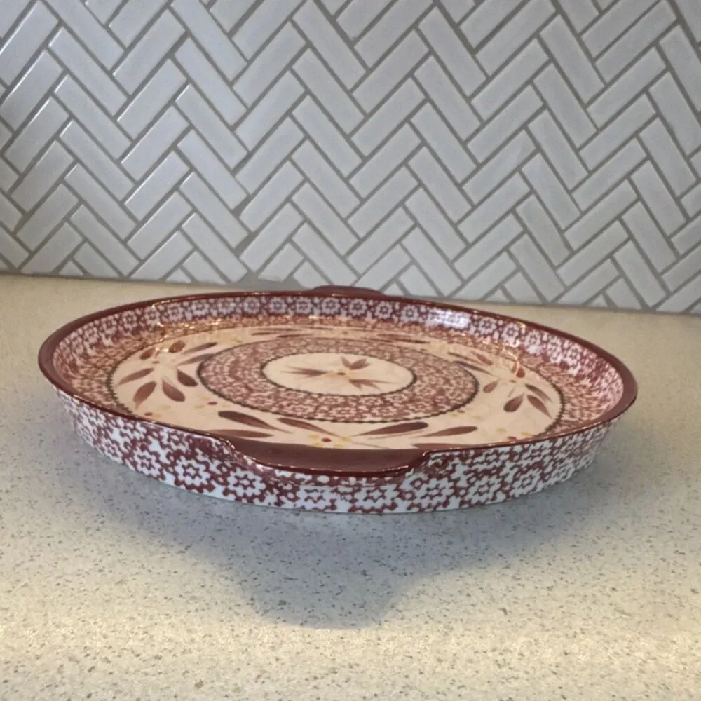 Temp-tations Old World Ceramic Round 2 qt Baking Dish, Oven Safe, Red/White